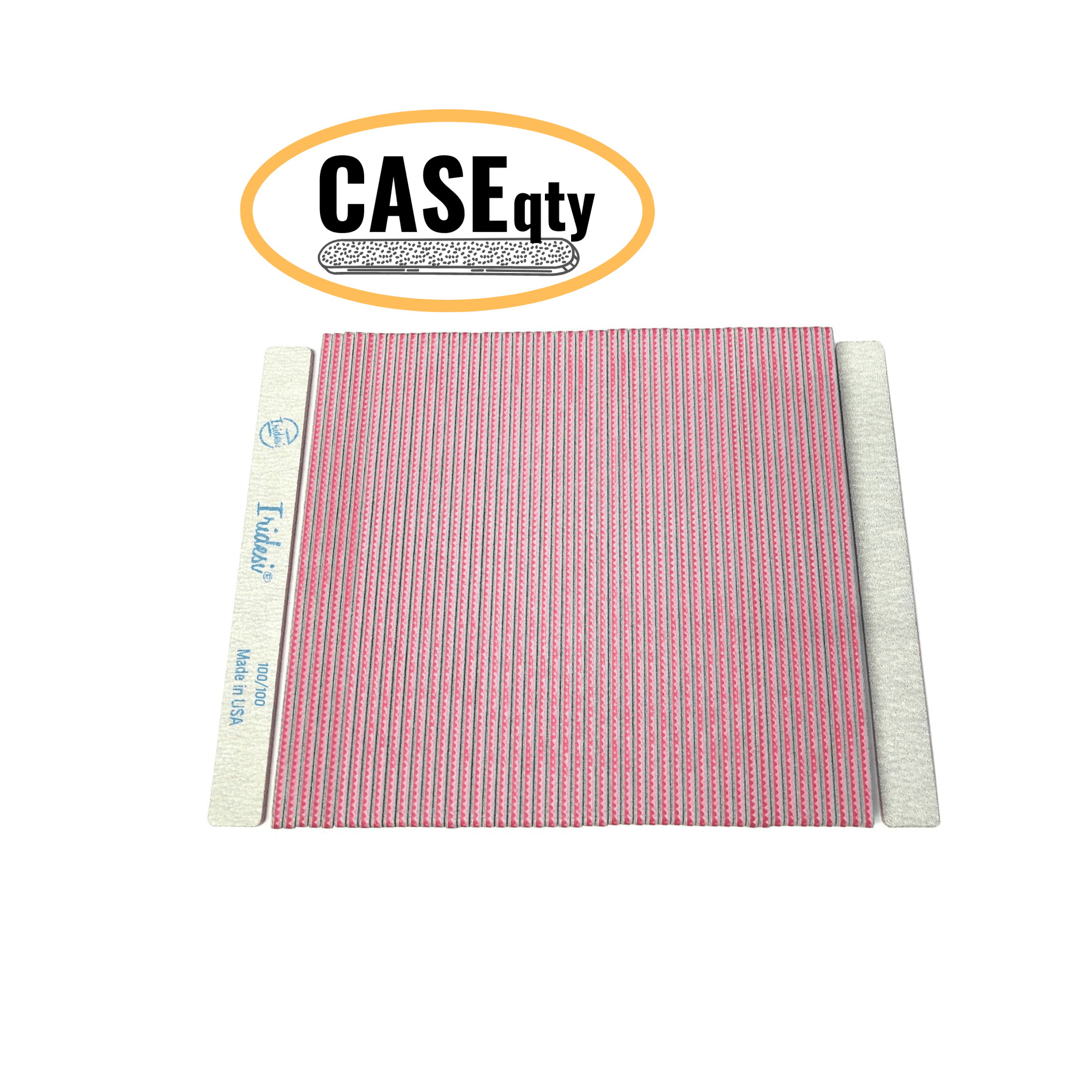 Iridesi square end, 7 inch nail files, 50 pack, front showing printing back showing none. Red center 100/100 grit, white background. Icon showing "Case qty" indicating this image represents a case quantity item.