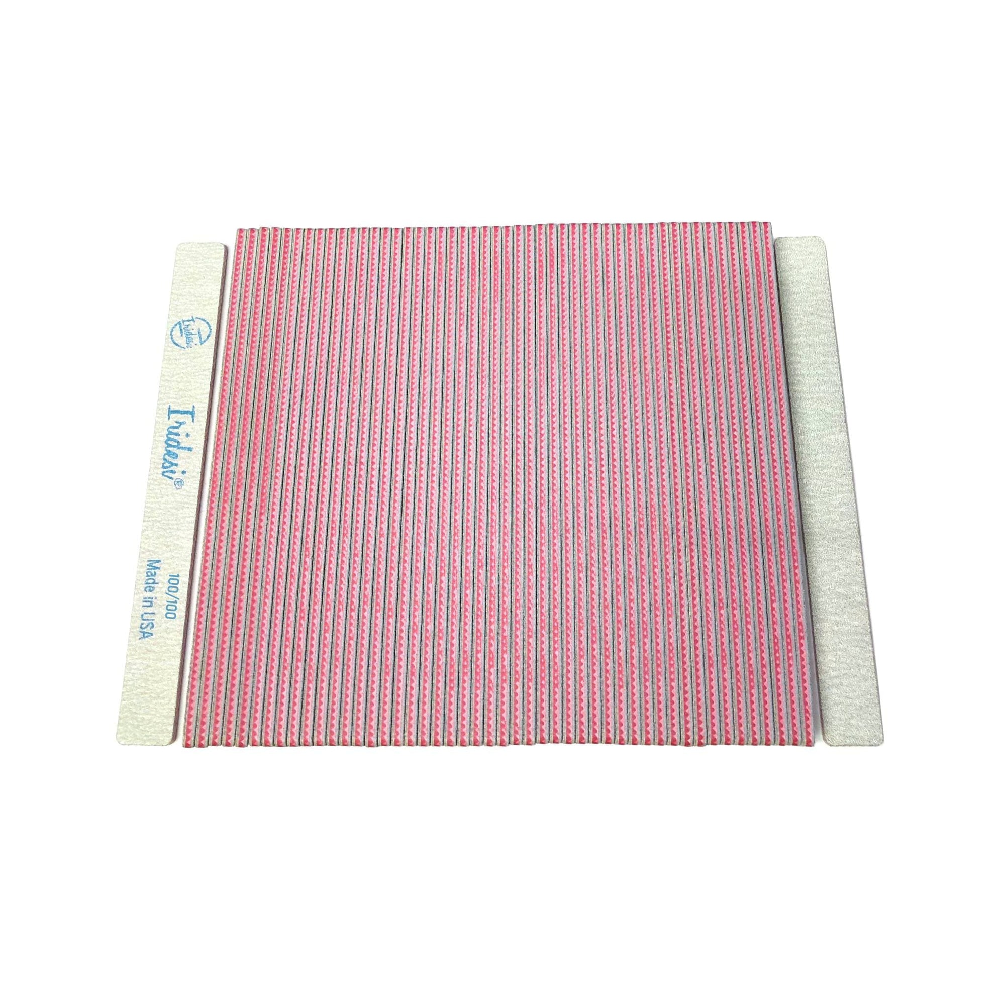 Iridesi square end, serrated edges, 7 inch nail files, 50 pack, front showing printing back showing none. Red center 100/100 grit, white background.