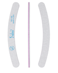 three zebra nail files showing the front, side, and back on a white background. Plastic center is white. Iridesi logo, name, and grit.