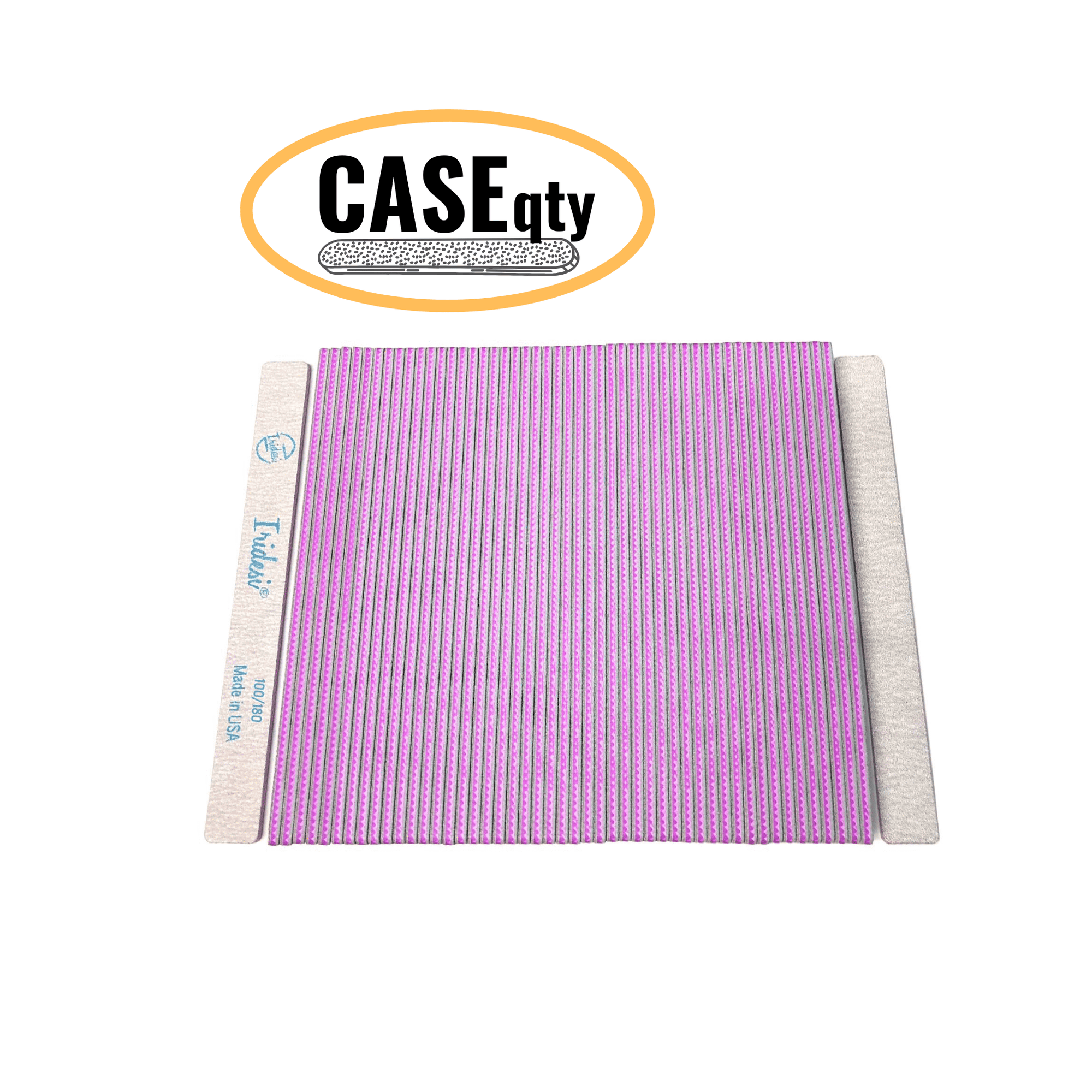 Iridesi square end, 7 inch nail files, 50 pack, front showing printing back showing none. Magenta center 100/180 grit, white background. Icon showing "Case qty" indicating this image represents a case quantity item.