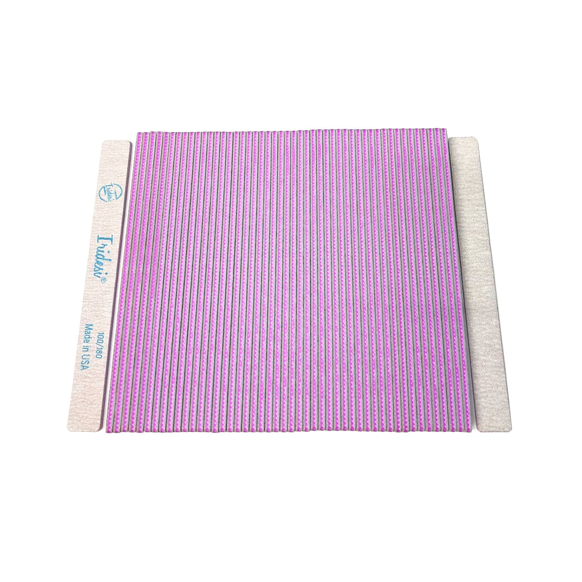 Iridesi square end, serrated edges, 7 inch nail files, 50 pack, front showing printing back showing none. Magenta center 100/180 grit, white background.