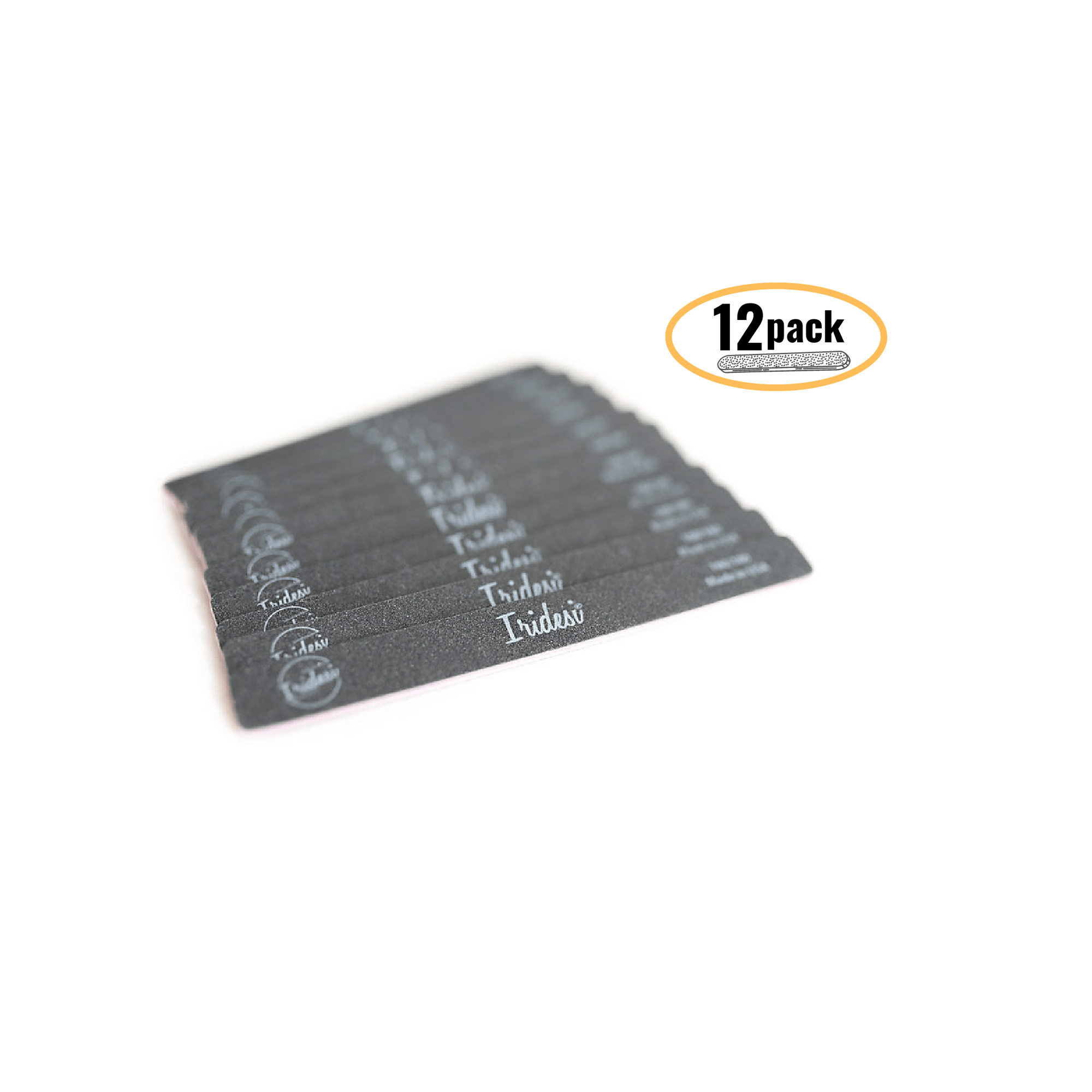 black nail files, square end with Iridesi brand markings, 12 nail files on a white background. 12 pack icon with orange circle around it indicating it is an image for a 12 pack item.