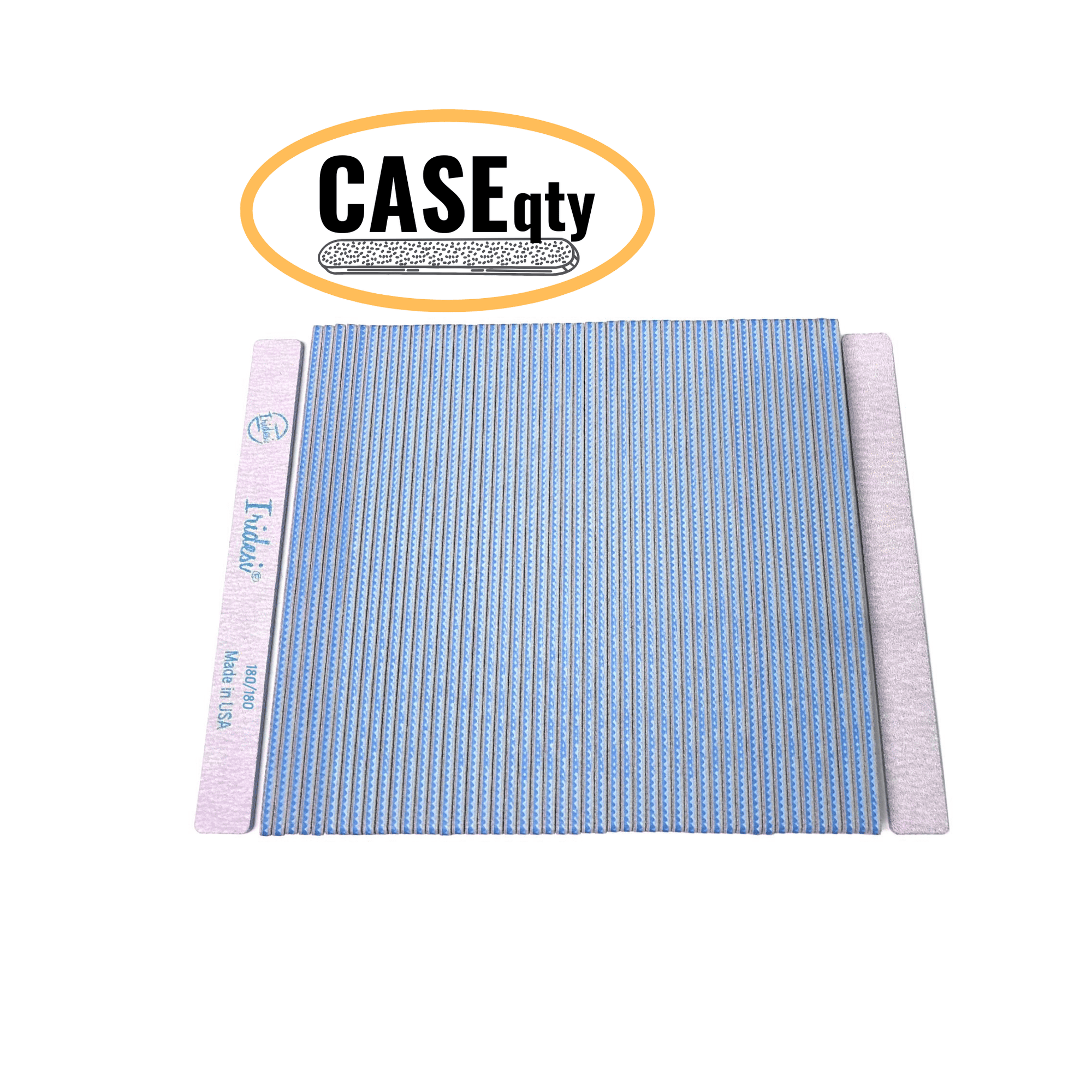 Iridesi square end, 7 inch nail files, 50 pack, front showing printing back showing none. Blue center 180/180 grit, white background. Icon showing "Case qty" indicating this image represents a case quantity item.