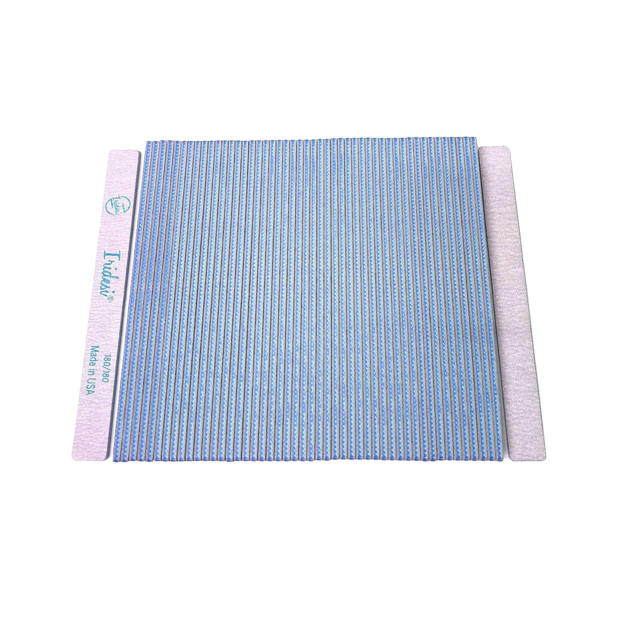 Iridesi square end, serrated edges, 7 inch nail files, 50 pack, front showing printing back showing none. Blue center 180/180 grit, white background.