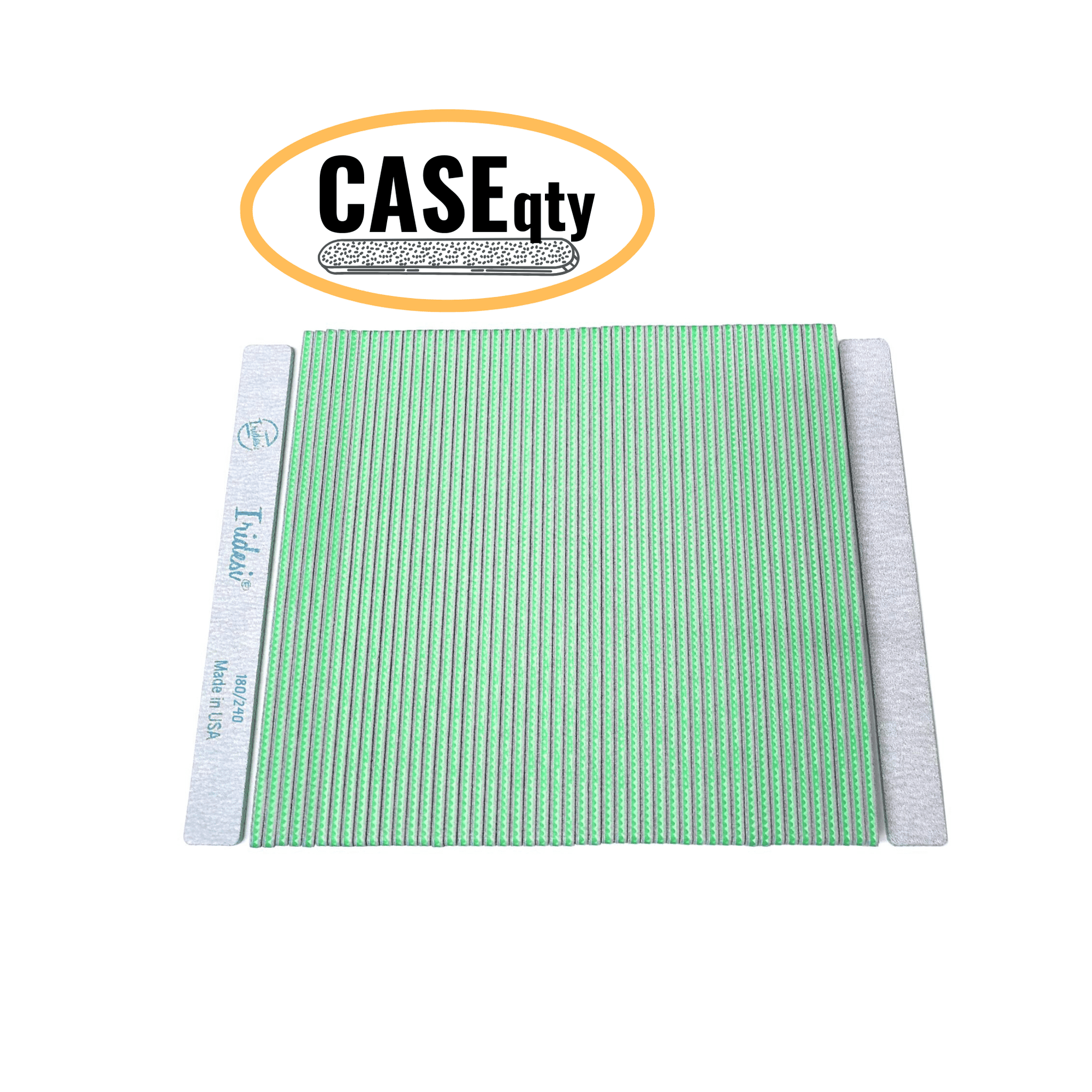 Iridesi square end, 7 inch nail files, 50 pack, front showing printing back showing none. Green center 180/240 grit, white background. Icon showing "Case qty" indicating this image represents a case quantity item.