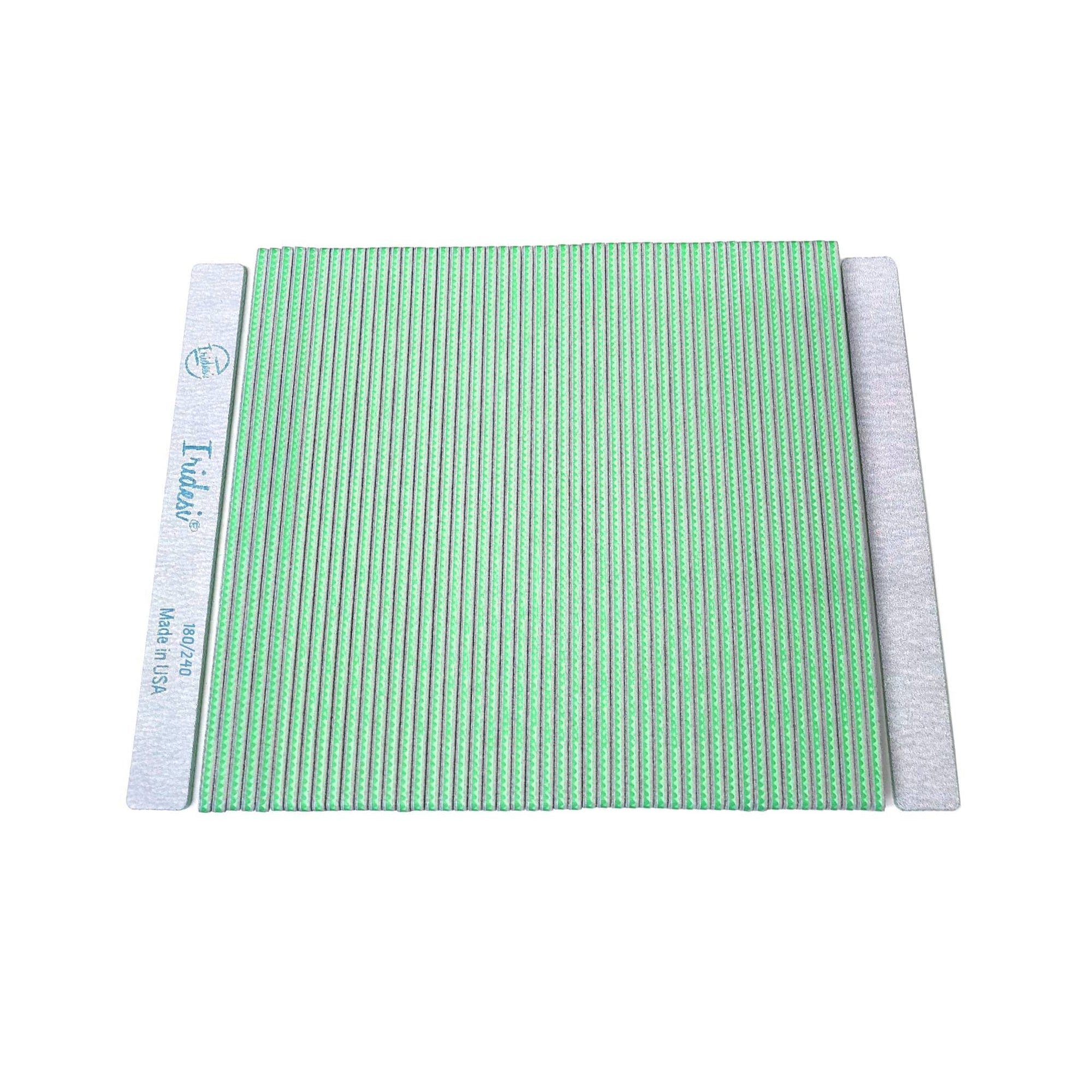 Iridesi square end, serrated edges, 7 inch nail files, 50 pack, front showing printing back showing none. Green center 180/240 grit, white background.