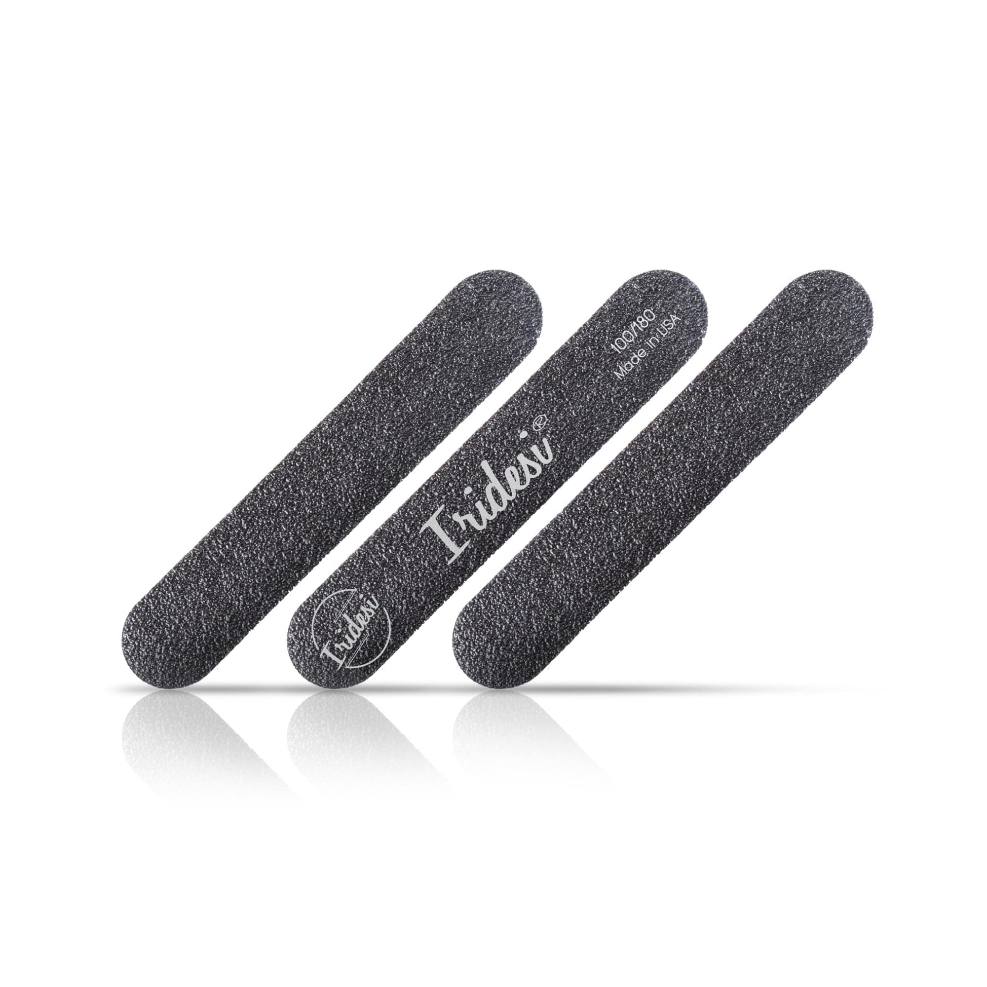 three mini black nail files at a 45 degree angle, showing Iridesi brand printing on one side. White plastic center.