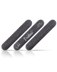 three mini black nail files at a 45 degree angle, showing Iridesi brand printing on one side. White plastic center.