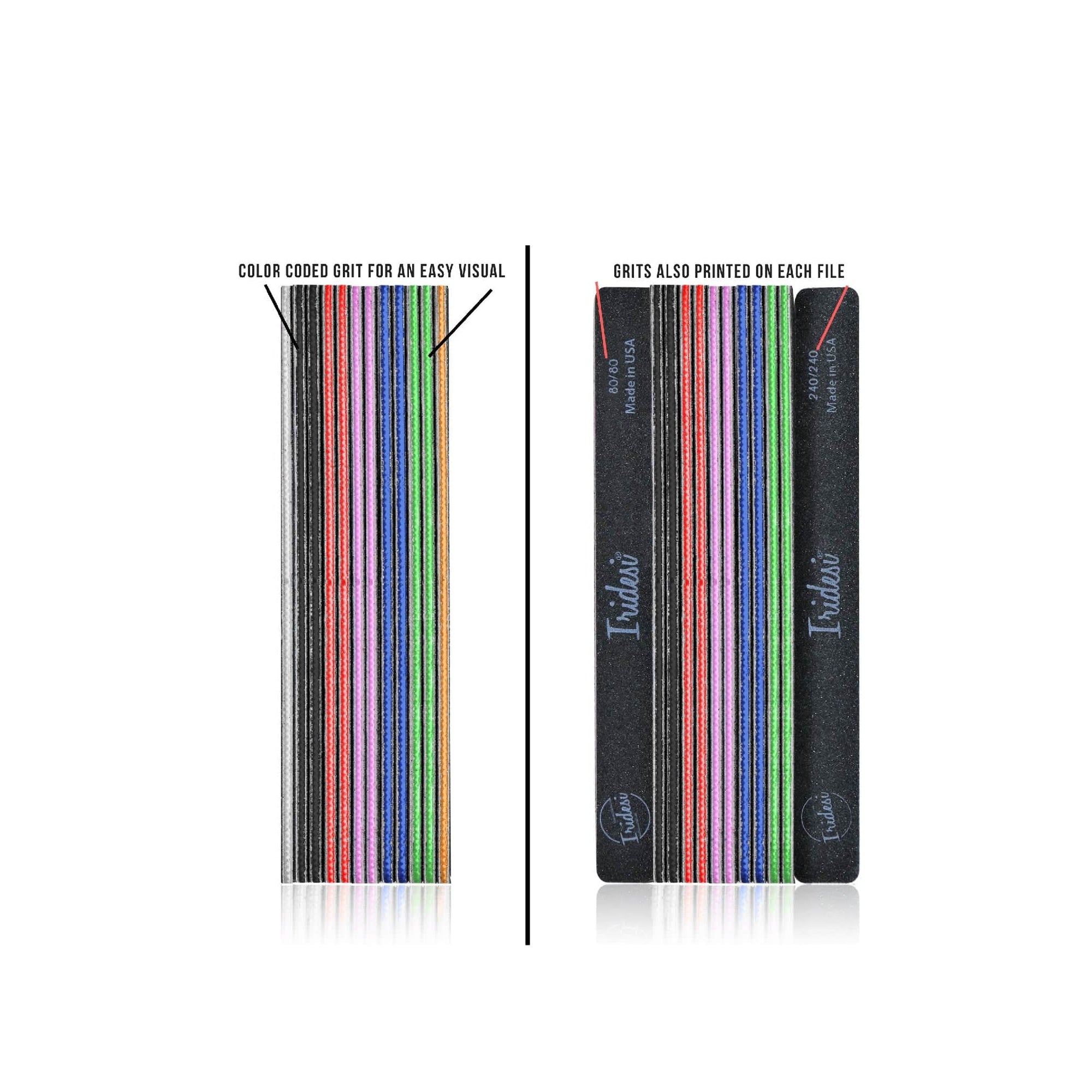 a variety pack of the black color coded nail files, square end with the text "color coded grit for an easy visual, grits are also printed on each file."