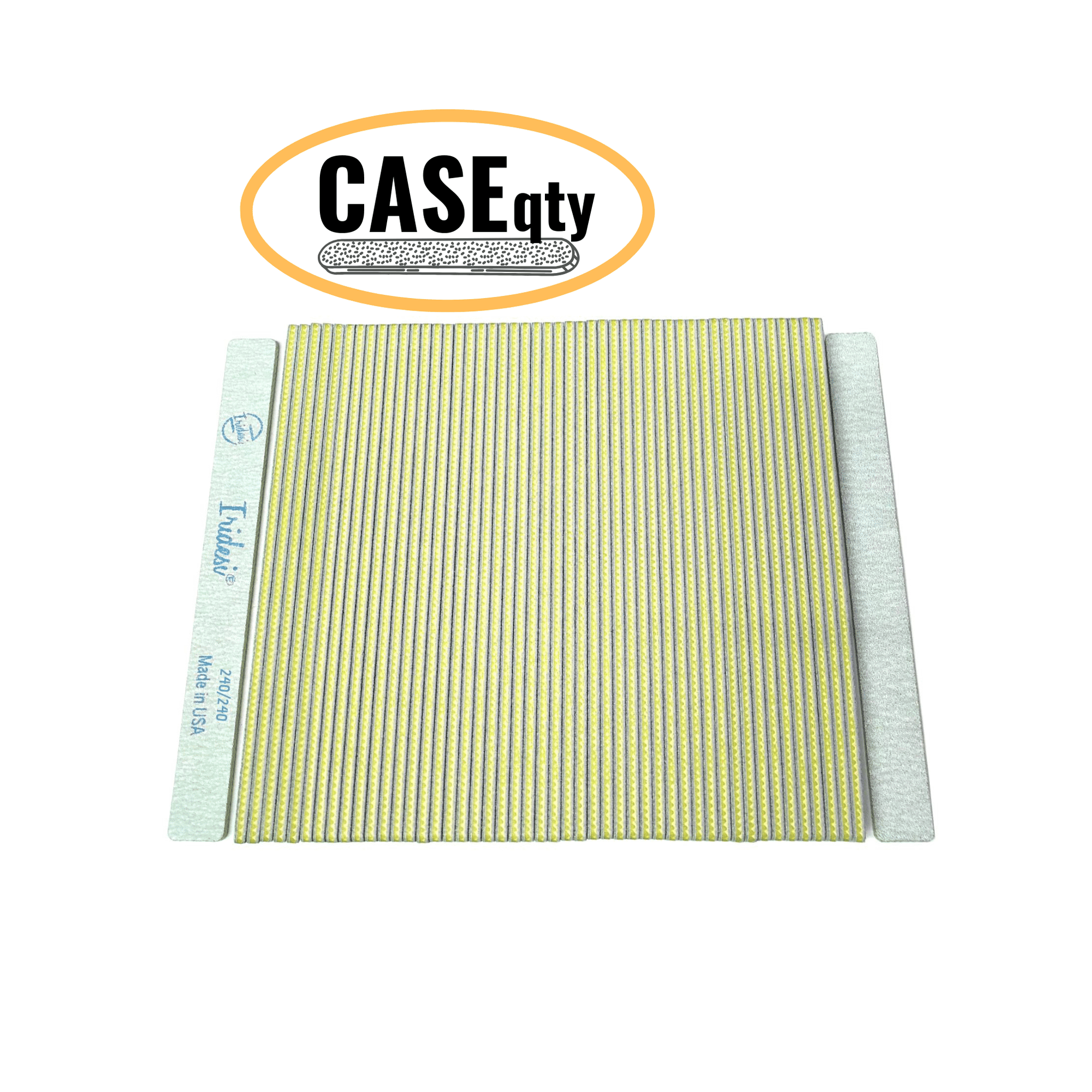 Iridesi square end, 7 inch nail files, 50 pack, front showing printing back showing none. Peach center 240/240 grit, white background. Icon showing "Case qty" indicating this image represents a case quantity item.