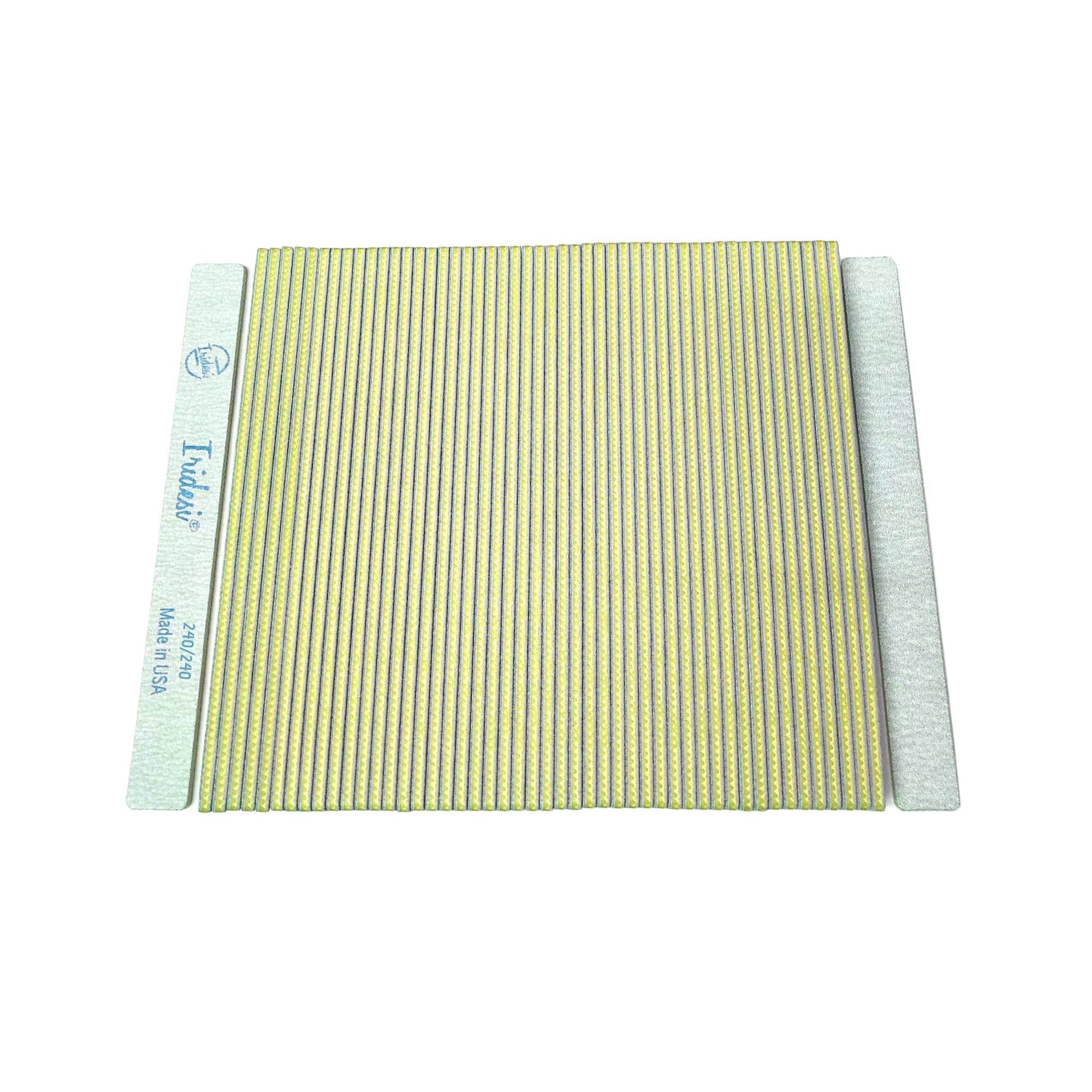 Iridesi square end, serrated edges, 7 inch nail files, 50 pack, front showing printing back showing none. Peach center 240/240 grit, white background.