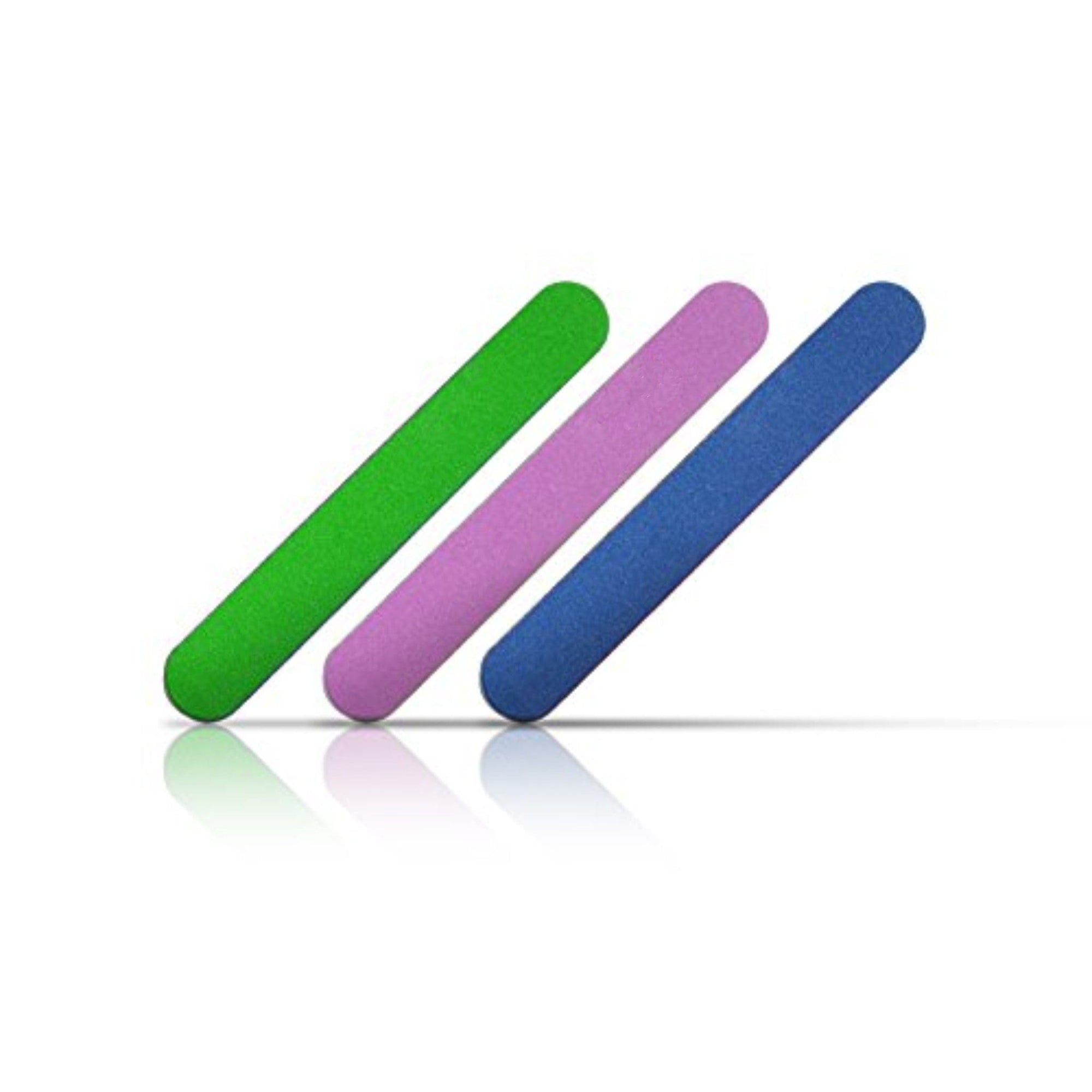 bright color mini nail files on a 45 degree angle. Green, purple, blue. White background.
