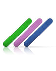 bright color mini nail files on a 45 degree angle. Green, purple, blue. White background.