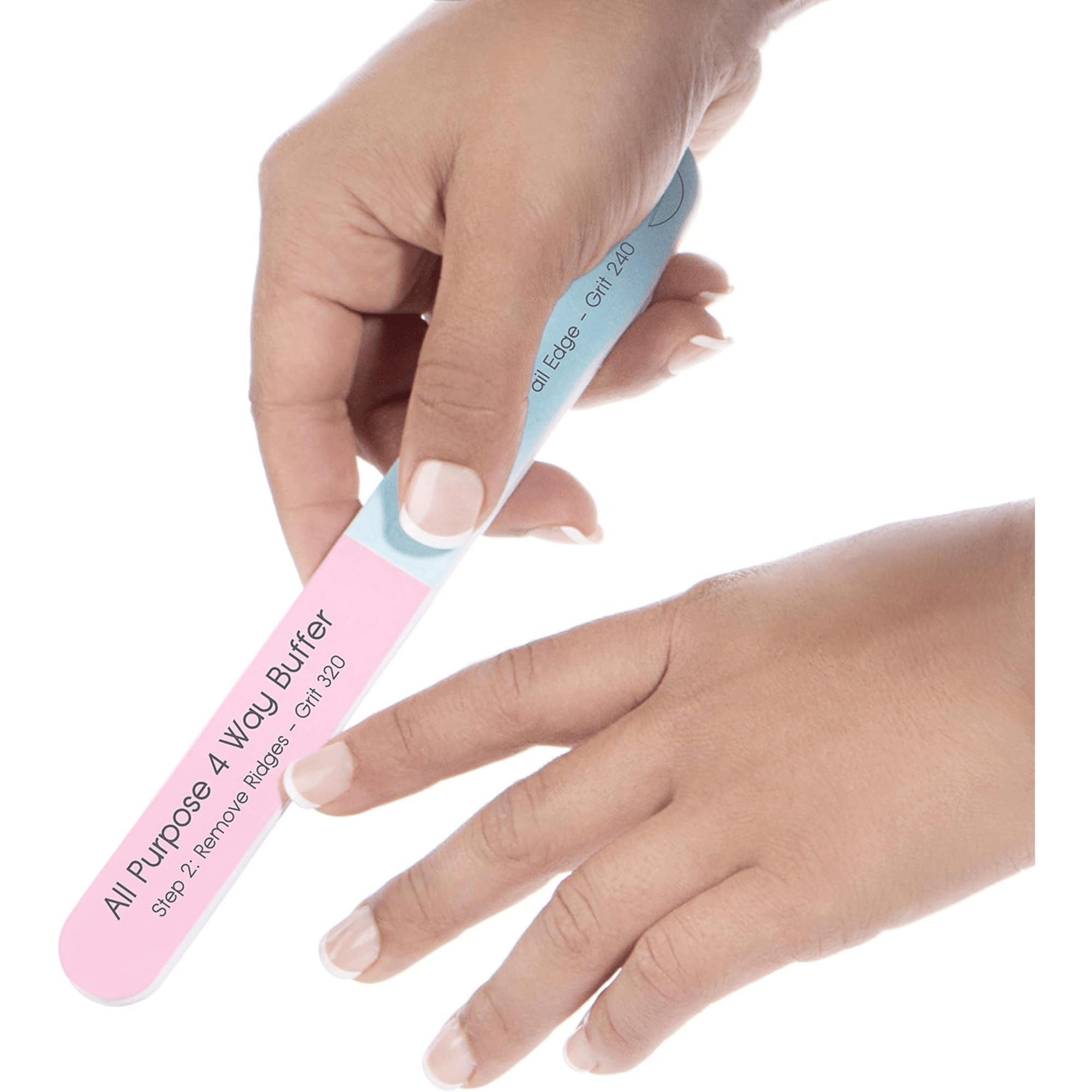 pink blue nail buffer in hand French manicure women's fingernails