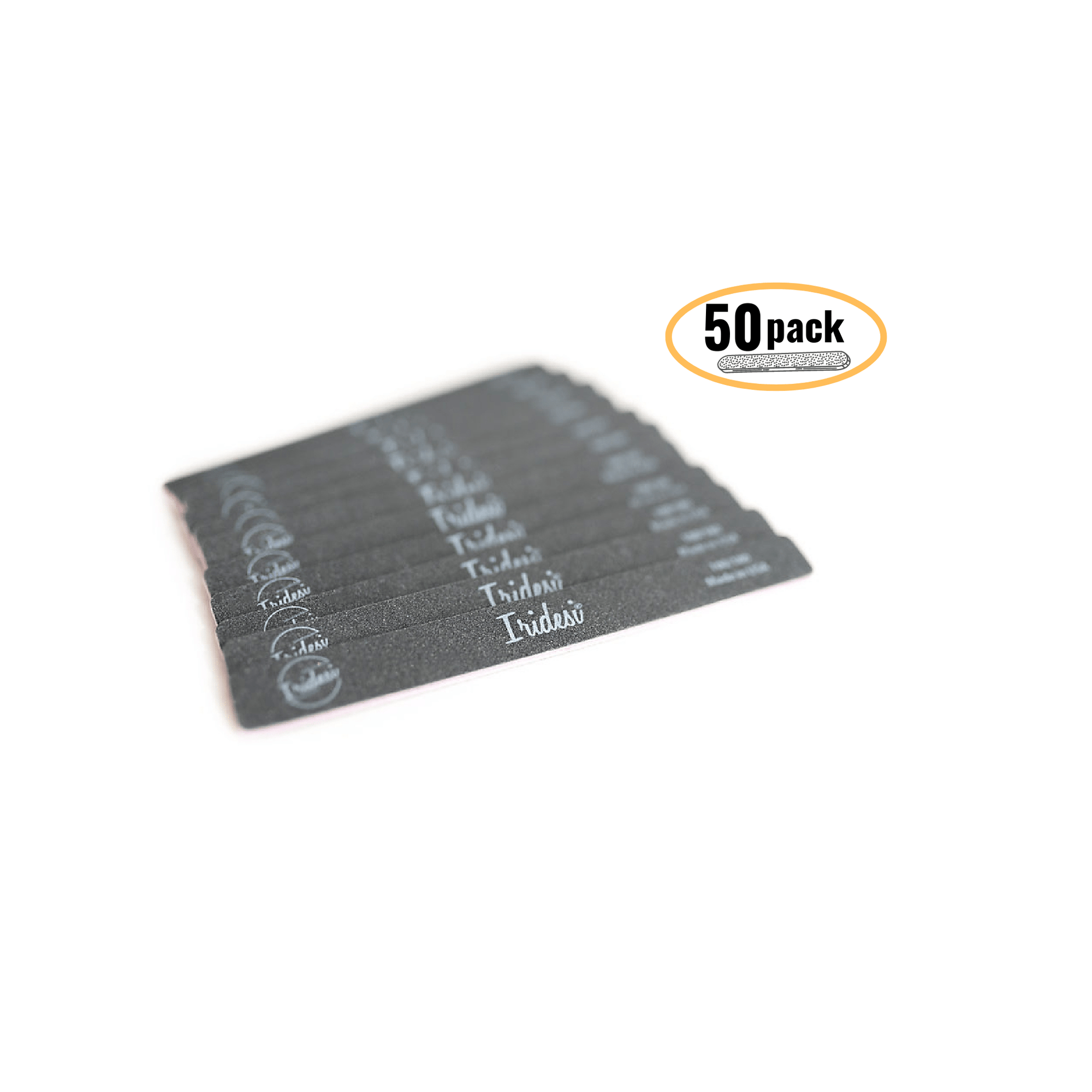 black nail files, square end with Iridesi brand markings, 12 nail files on a white background. 50 pack icon with orange circle around it indicating it is an image for a 50 pack item.