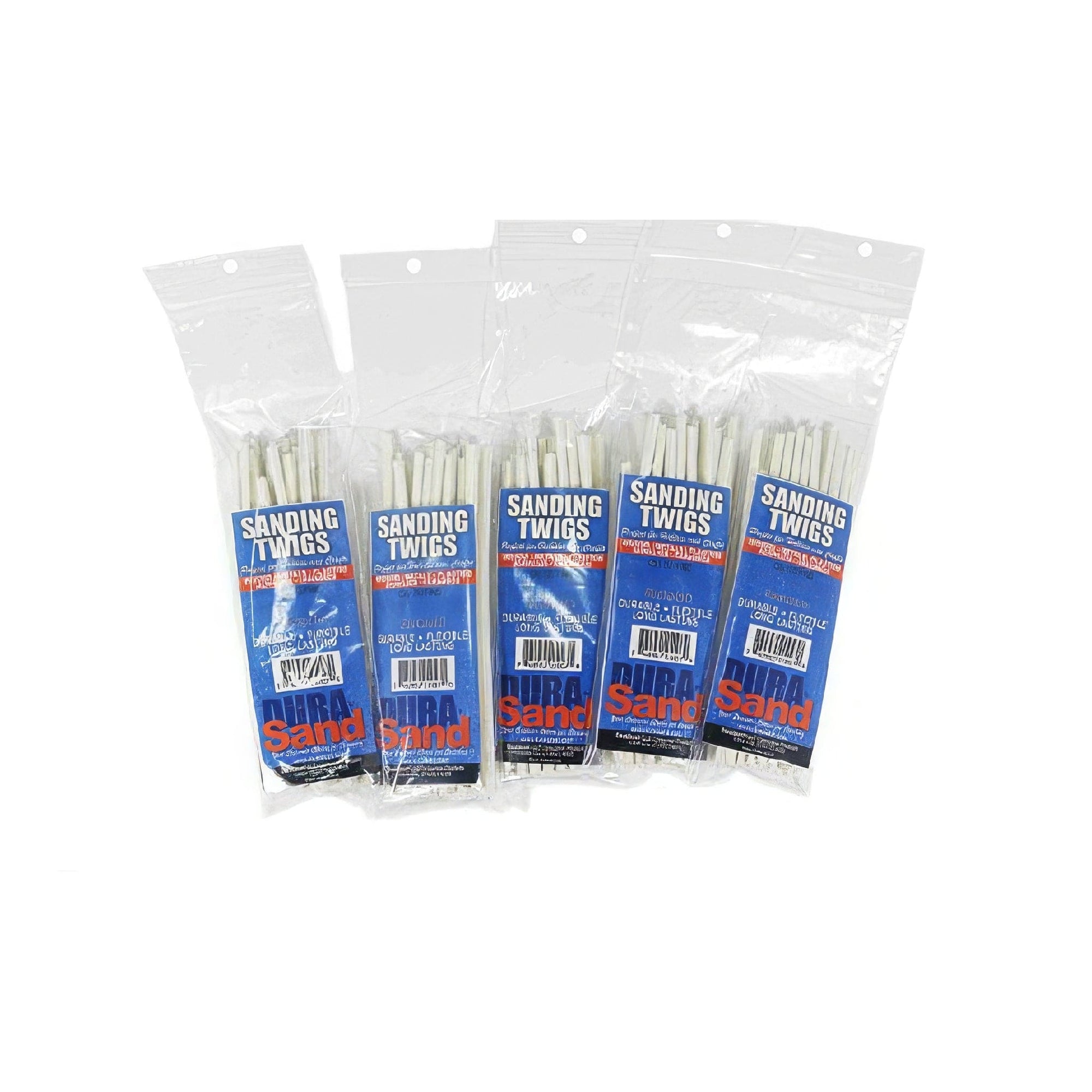 sanding sticks or twigs in bags. twenty twigs to a bag with 5 bags showing a Durasand logo on a blue insert inside the bag. white background