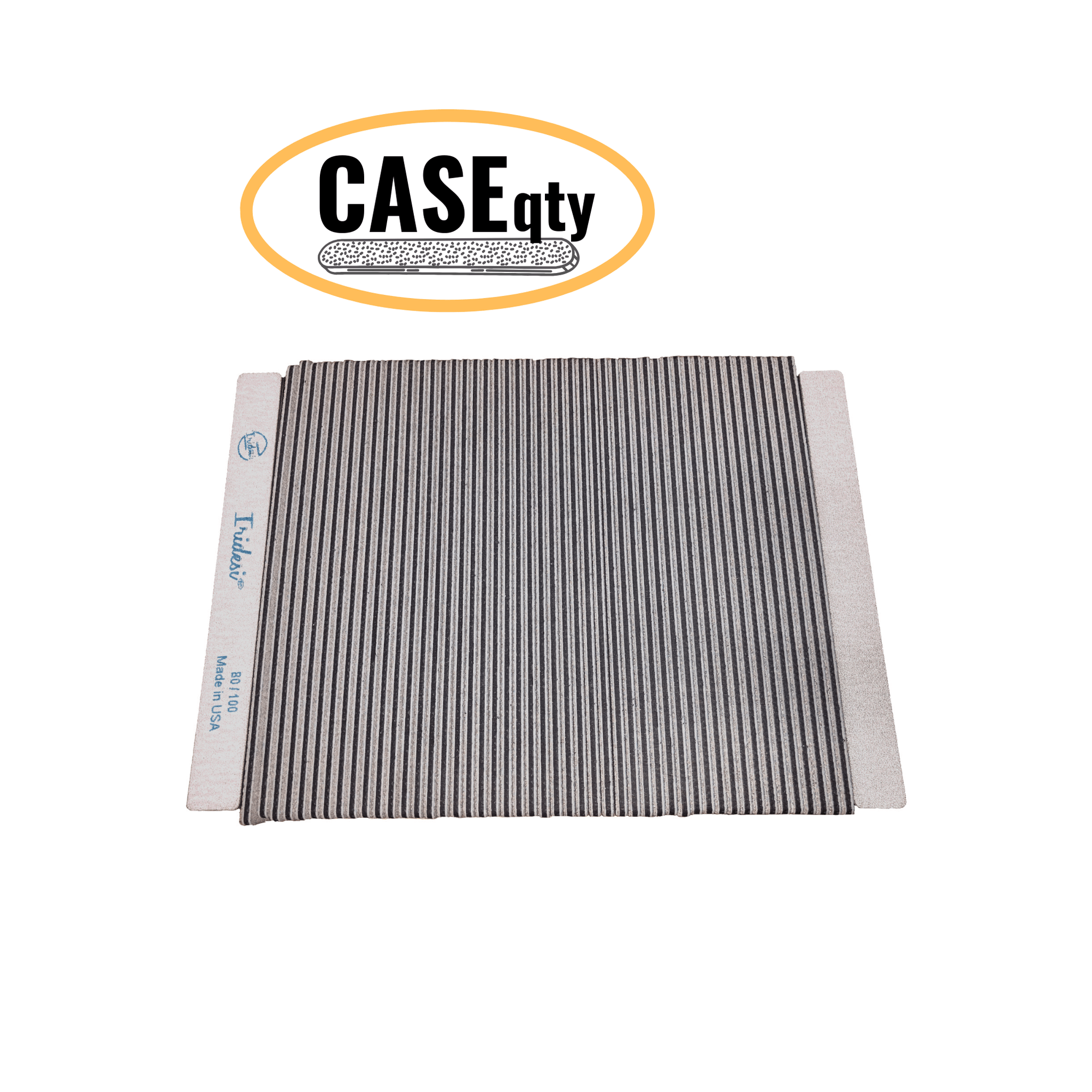 Iridesi square end, 7 inch nail files, 50 pack, front showing printing back showing none. Black center 80/100 grit, white background. Icon showing "Case qty" indicating this image represents a case quantity item.