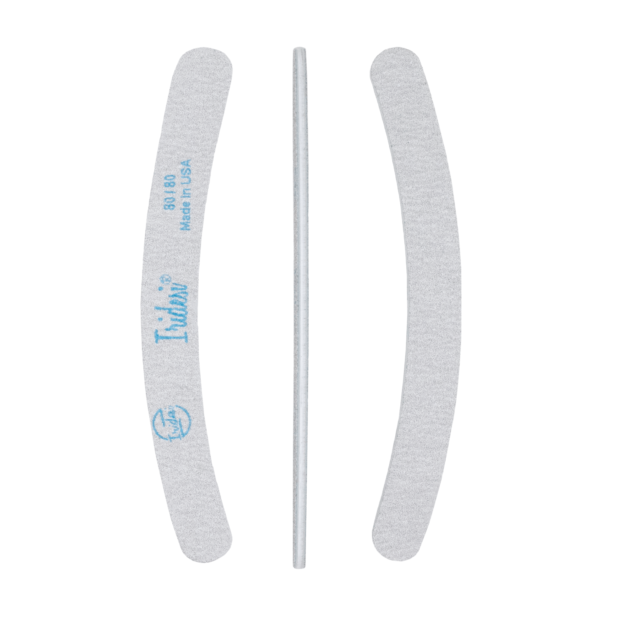 three zebra nail files showing the front, side, and back on a white background. Plastic center is white. Iridesi logo, name, and grit.
