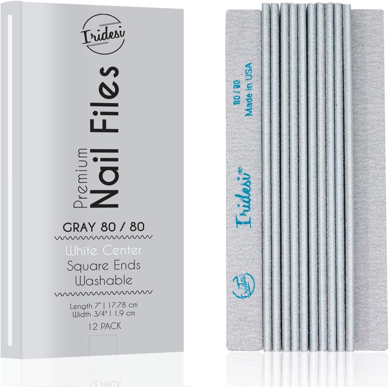 Iridesi grey box for zebra nail files, white center, 80/80 grit. 12 nail files vertical, first one showing front side Iridesi printing marks last showing back side and no print.