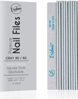 Iridesi grey box for zebra nail files, white center, 80/80 grit. 12 nail files vertical, first one showing front side Iridesi printing marks last showing back side and no print.