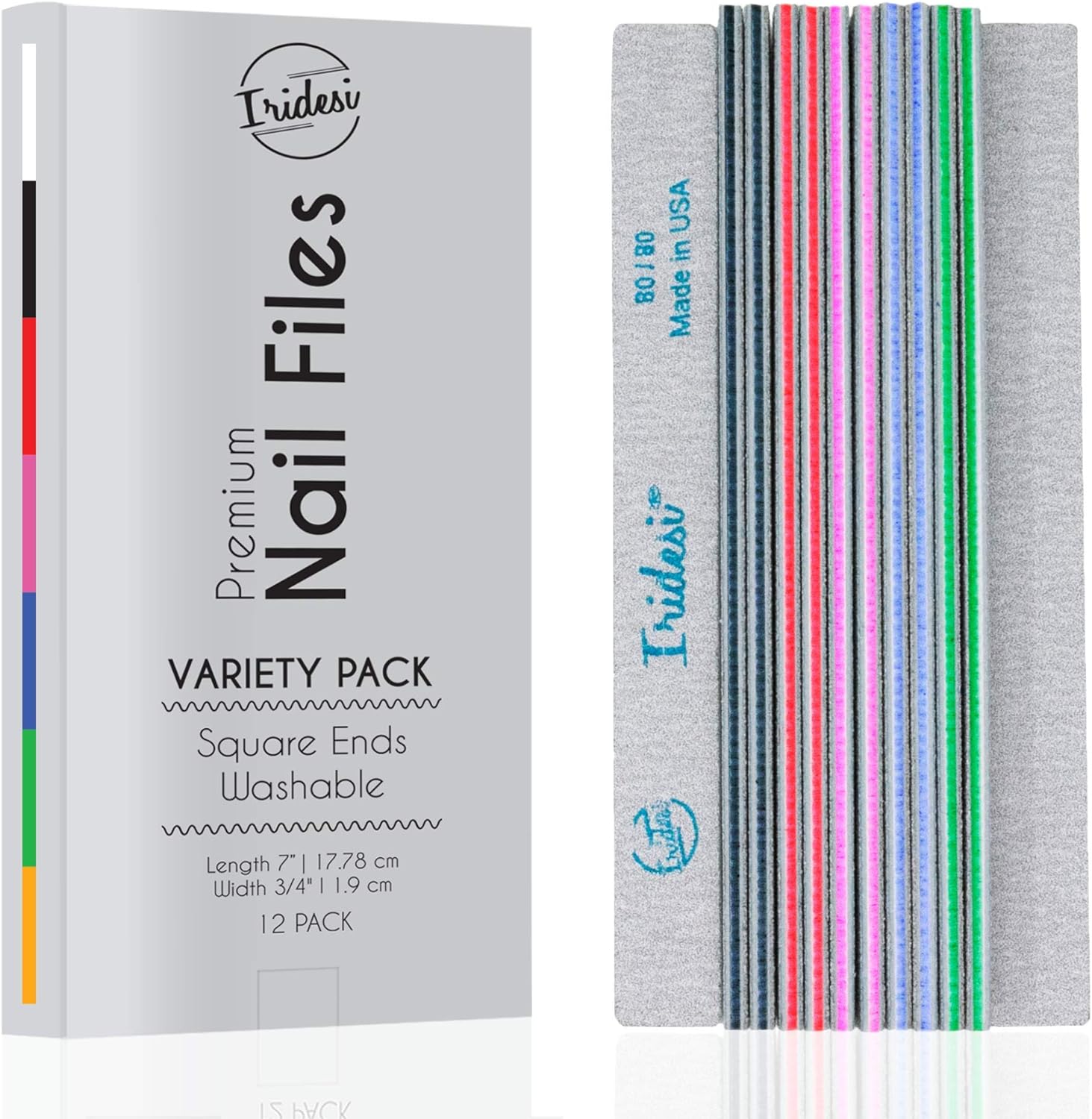 Iridesi zebra, color coded nail files, assorted pack, 7 inches long, square end with an Iridesi box that says" premium nail files variety pack, square end, washable, 12 pack