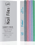 Iridesi zebra, color coded nail files, assorted pack, 7 inches long, square end with an Iridesi box that says" premium nail files variety pack, square end, washable, 12 pack