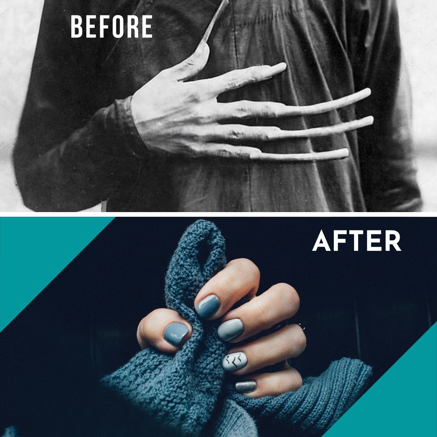 Image split in a top and bottom half. On the top an old black and white photo of a man with really long finger nails with the words "before'. On bottom, a full color image with the word "after" and the hand of a women grasping a turquoise knitted fabric and a pretty turquoise manicure.