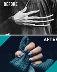 Image split in a top and bottom half. On the top an old black and white photo of a man with really long finger nails with the words "before'. On bottom, a full color image with the word "after" and the hand of a women grasping a turquoise knitted fabric and a pretty turquoise manicure.