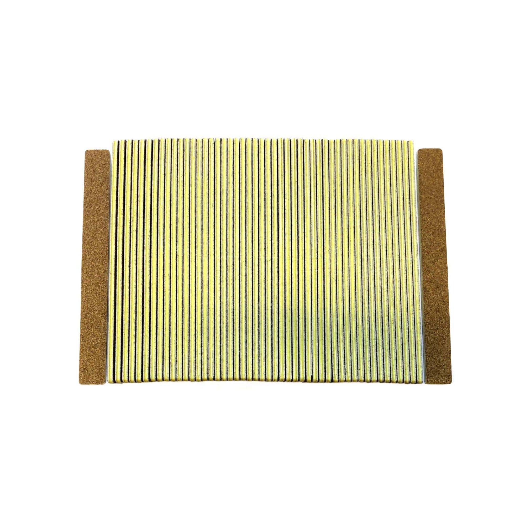 Brown paper, yellow center, Iridesi nail files in a 50 pack, showing the front side and back side of the nail file with no print.