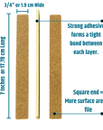 Infographic of the square end Iridesi nail files that are brown sandpaper and yellow plastic center showing the front, back and side. The text shows the length of 7 inches long, 3/4 of and inch wide. The text "Strong adhesive forms a tight bond between each layer." As well as "Square end = more surface area to file."
