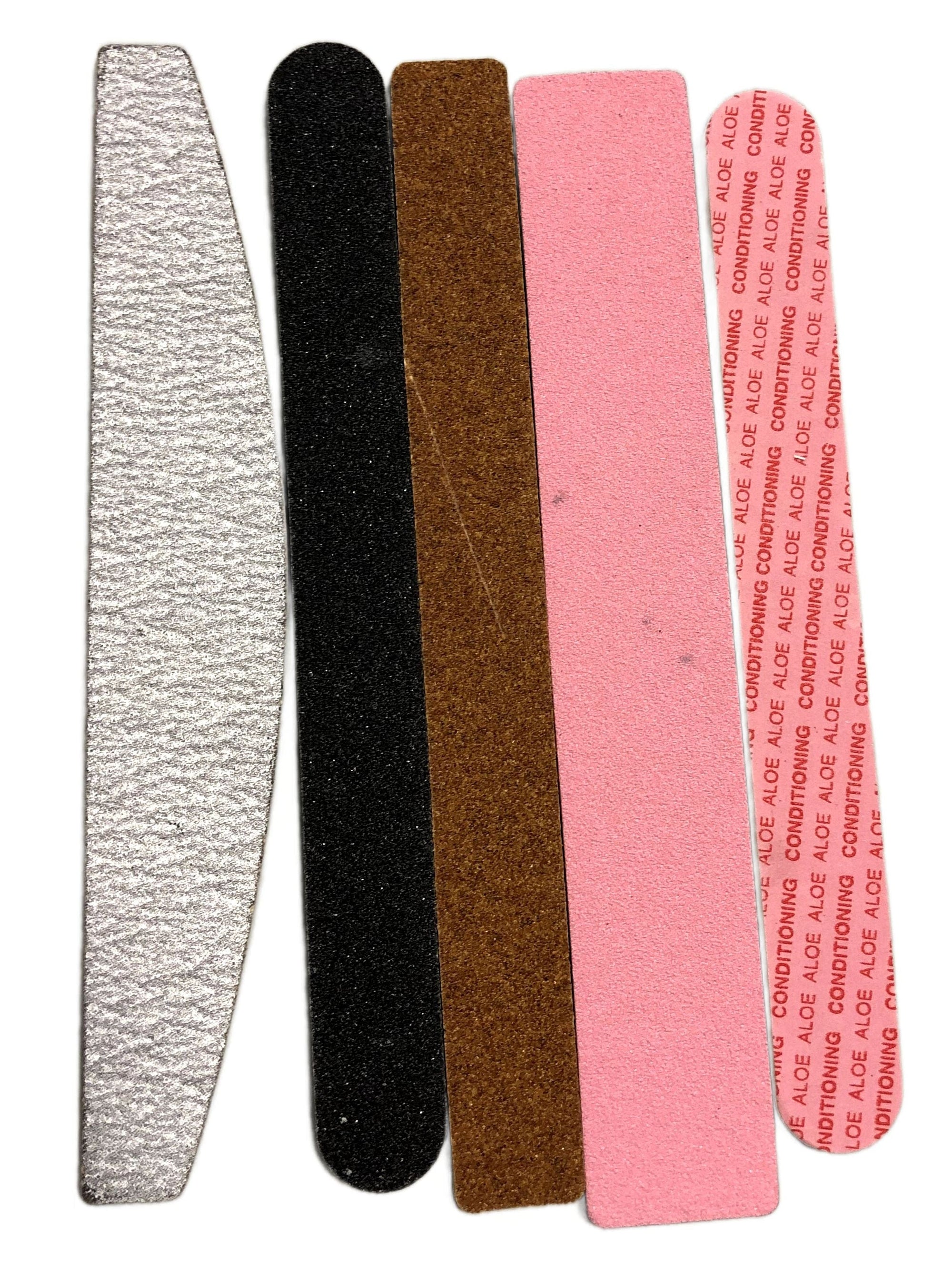 5 individual minor flawed nail files showing writing, spots and other defects on the sand paper surface