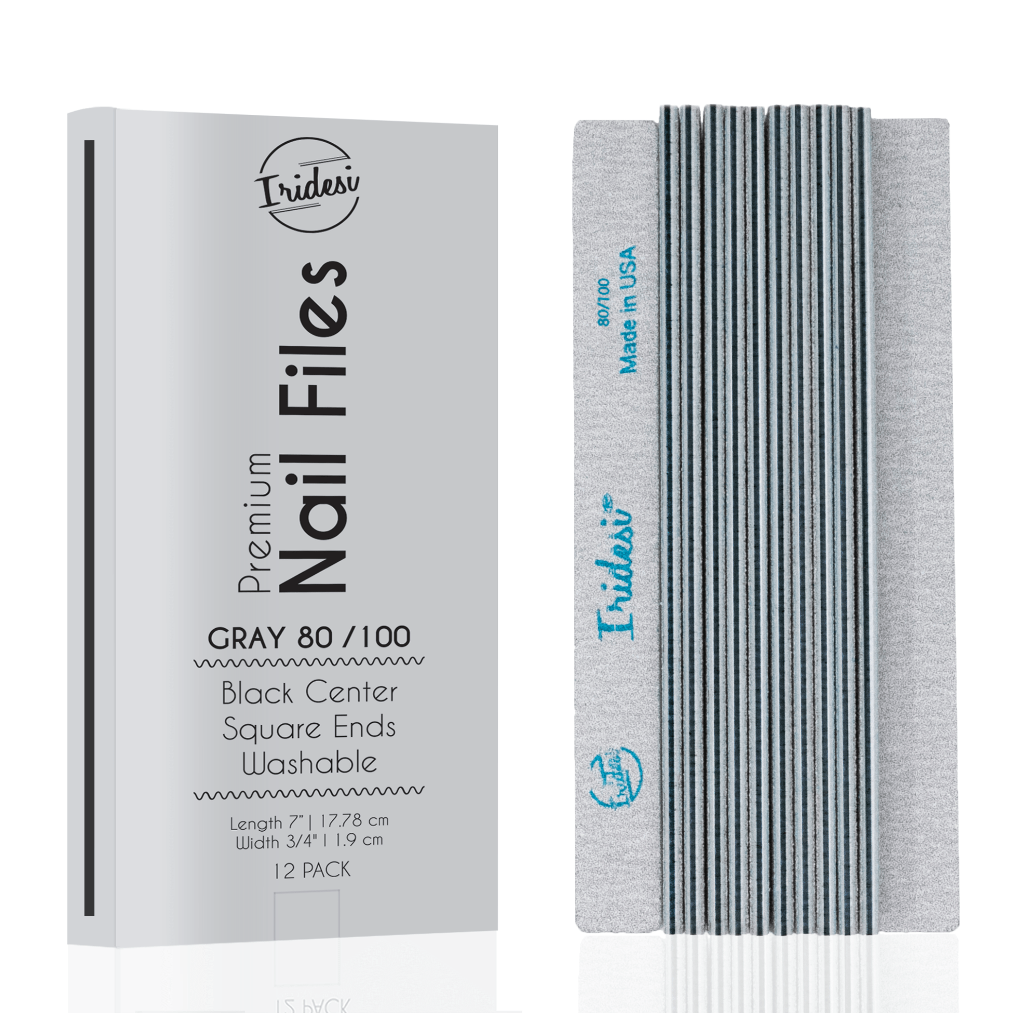 Iridesi grey box for zebra nail files, black center, 80/100 grit. 12 nail files vertical, first one showing front side Iridesi printing marks last showing back side and no print.