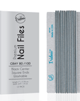 Iridesi grey box for zebra nail files, black center, 80/100 grit. 12 nail files vertical, first one showing front side Iridesi printing marks last showing back side and no print.