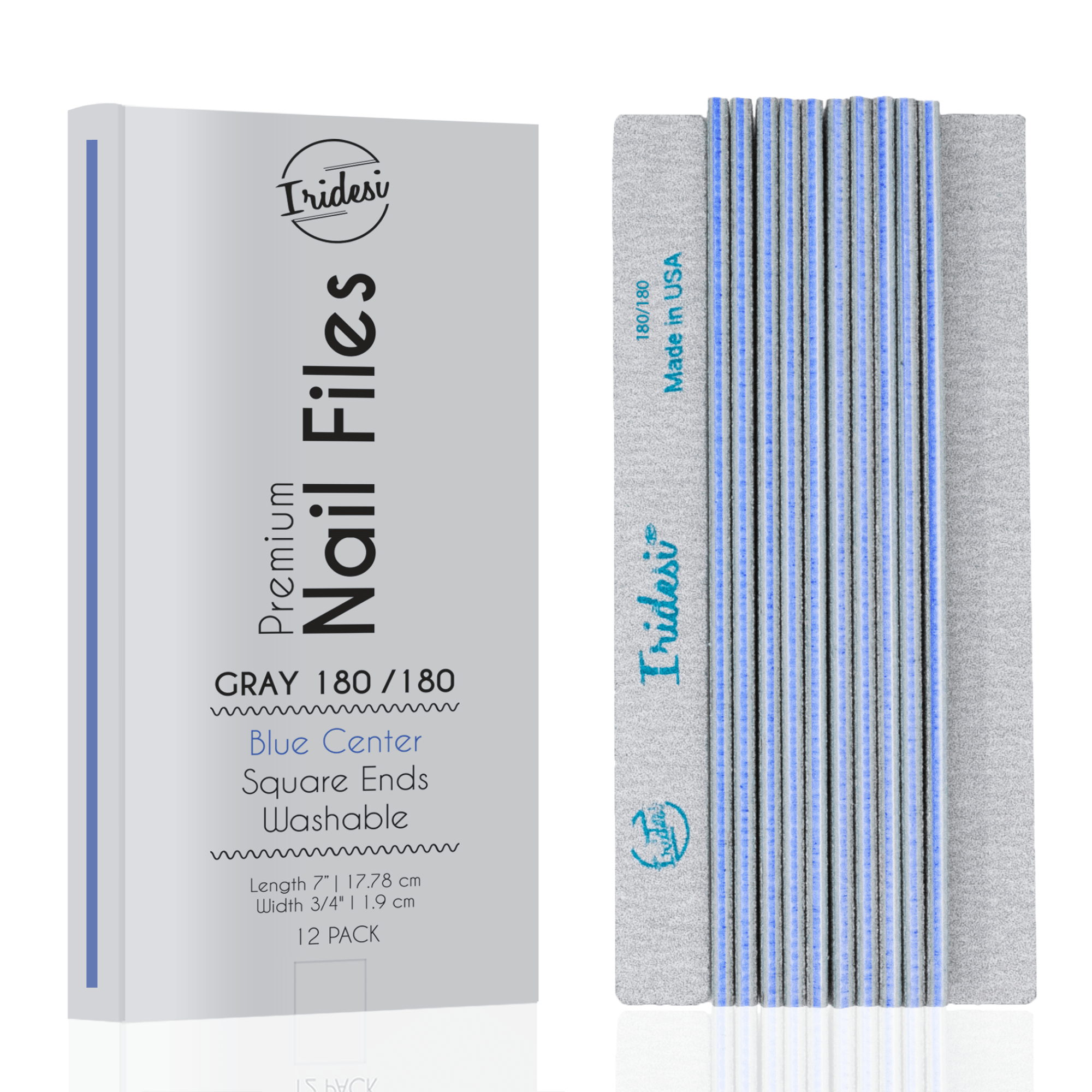 Iridesi grey box for zebra nail files, blue center, 180/180 grit. 12 nail files vertical, first one showing front side Iridesi printing marks last showing back side and no print.