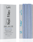 Iridesi grey box for zebra nail files, blue center, 180/180 grit. 12 nail files vertical, first one showing front side Iridesi printing marks last showing back side and no print.