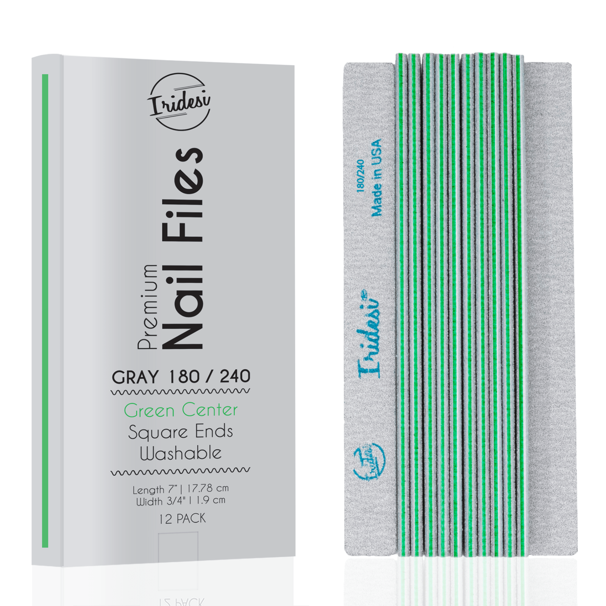 Iridesi grey box for zebra nail files, green center, 180/240 grit. 12 nail files vertical, first one showing front side Iridesi printing marks last showing back side and no print.