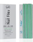 Iridesi grey box for zebra nail files, green center, 180/240 grit. 12 nail files vertical, first one showing front side Iridesi printing marks last showing back side and no print.
