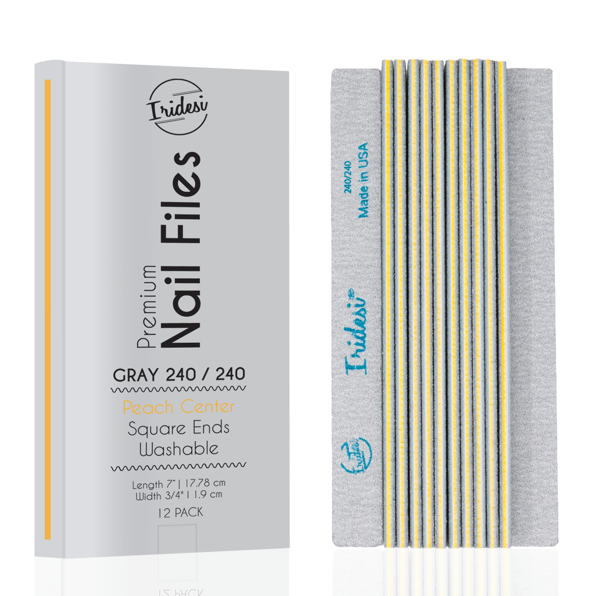Iridesi grey box for zebra nail files, yellow center, 240/240 grit. 12 nail files vertical, first one showing front side Iridesi printing marks last showing back side and no print.