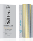 Iridesi grey box for zebra nail files, yellow center, 240/240 grit. 12 nail files vertical, first one showing front side Iridesi printing marks last showing back side and no print.
