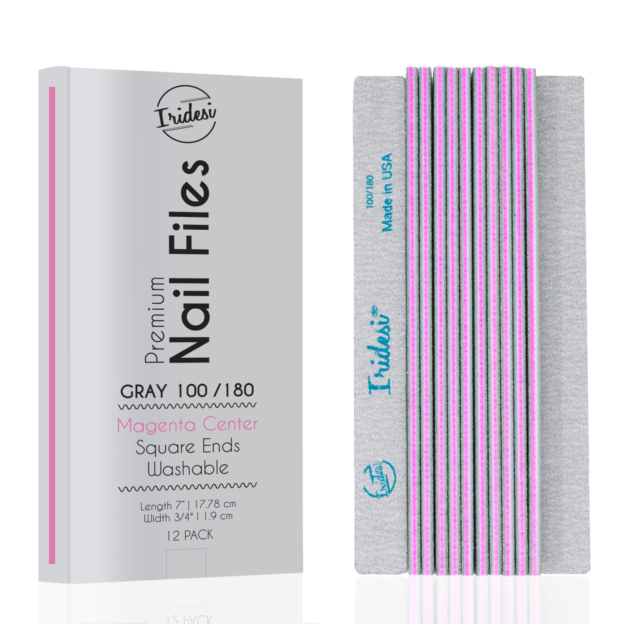 Iridesi grey box for zebra nail files, magenta center, 100/180 grit. 12 nail files vertical, first one showing front side Iridesi printing marks last showing back side and no print.