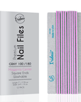Iridesi grey box for zebra nail files, magenta center, 100/180 grit. 12 nail files vertical, first one showing front side Iridesi printing marks last showing back side and no print.