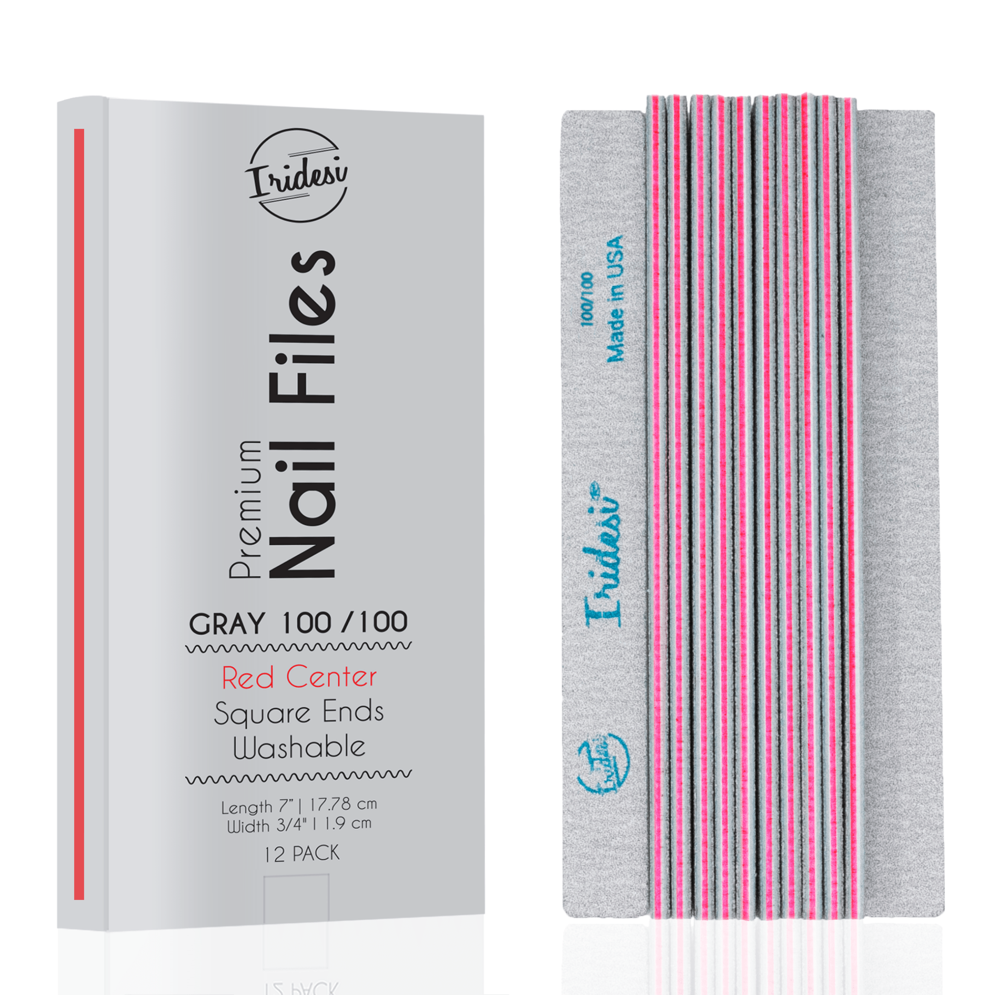 Iridesi grey box for zebra nail files, red center, 100/100 grit. 12 nail files vertical, first one showing front side Iridesi printing marks last showing back side and no print.
