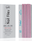 Iridesi grey box for zebra nail files, red center, 100/100 grit. 12 nail files vertical, first one showing front side Iridesi printing marks last showing back side and no print.