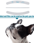 zebra banana iridesi nail files showing the front, side and back, above the text "Iridesi nail files can even be used on the pets you love!" A dogs is looking up at the nail files.