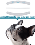 zebra banana iridesi nail files showing the front, side and back, above the text "Iridesi nail files can even be used on the pets you love!" A black and white pug is looking up at the nail files.