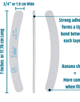 infographic of the font, side and back of zebra banana Iridesi nail files. Info shows size of 7 inch long, 3/4 of an inch wide. Strong adhesive, square end is more surface area. White plastic center, white background.