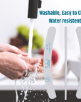 a women washes her hands at the kitchen sink with the zebra banana nail files overlaying the image. The text " washable, easy to clean, water resistant" is over the nail files