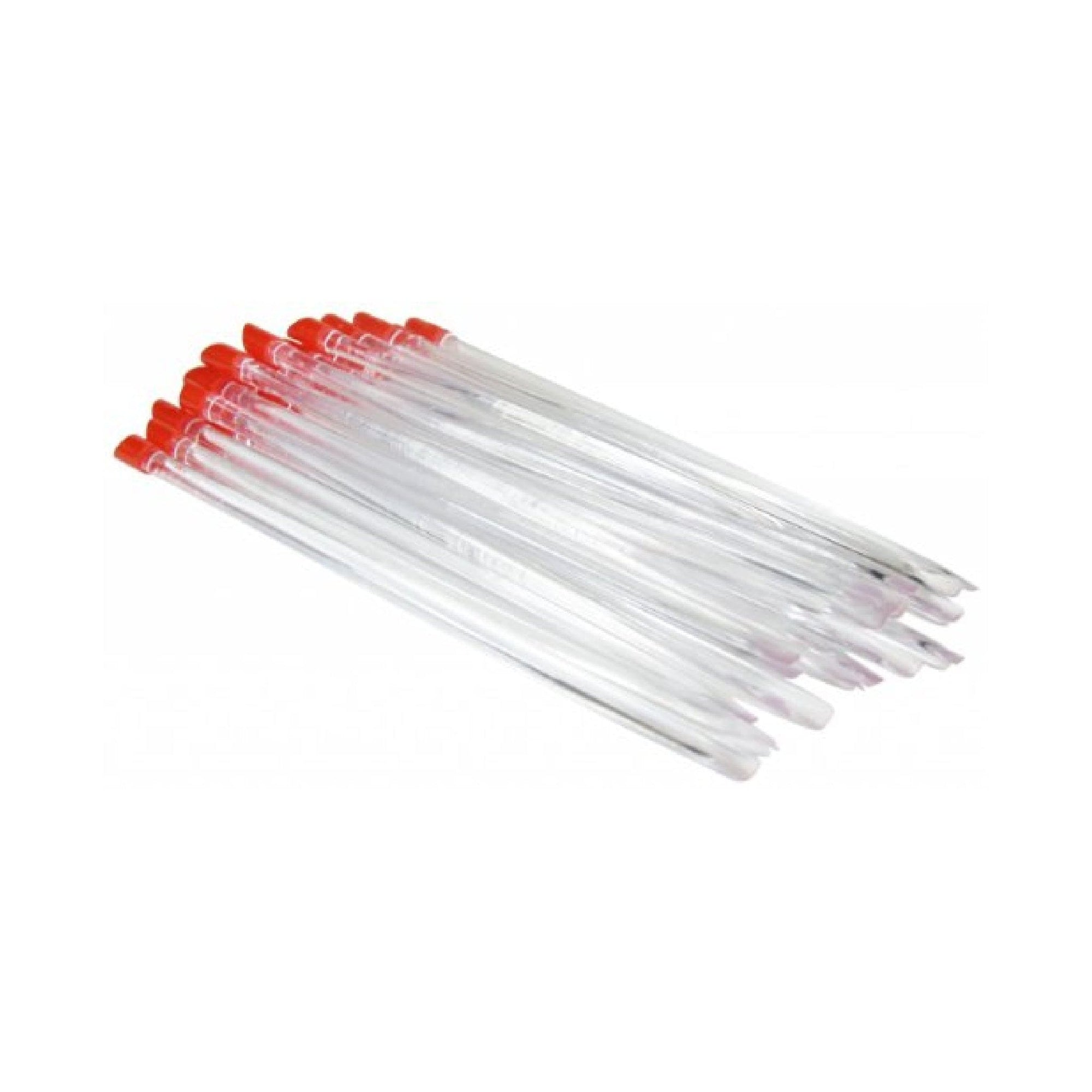 24 cuticle pushers stacked up on a white surface. The tips are red and the body is clear plastic.