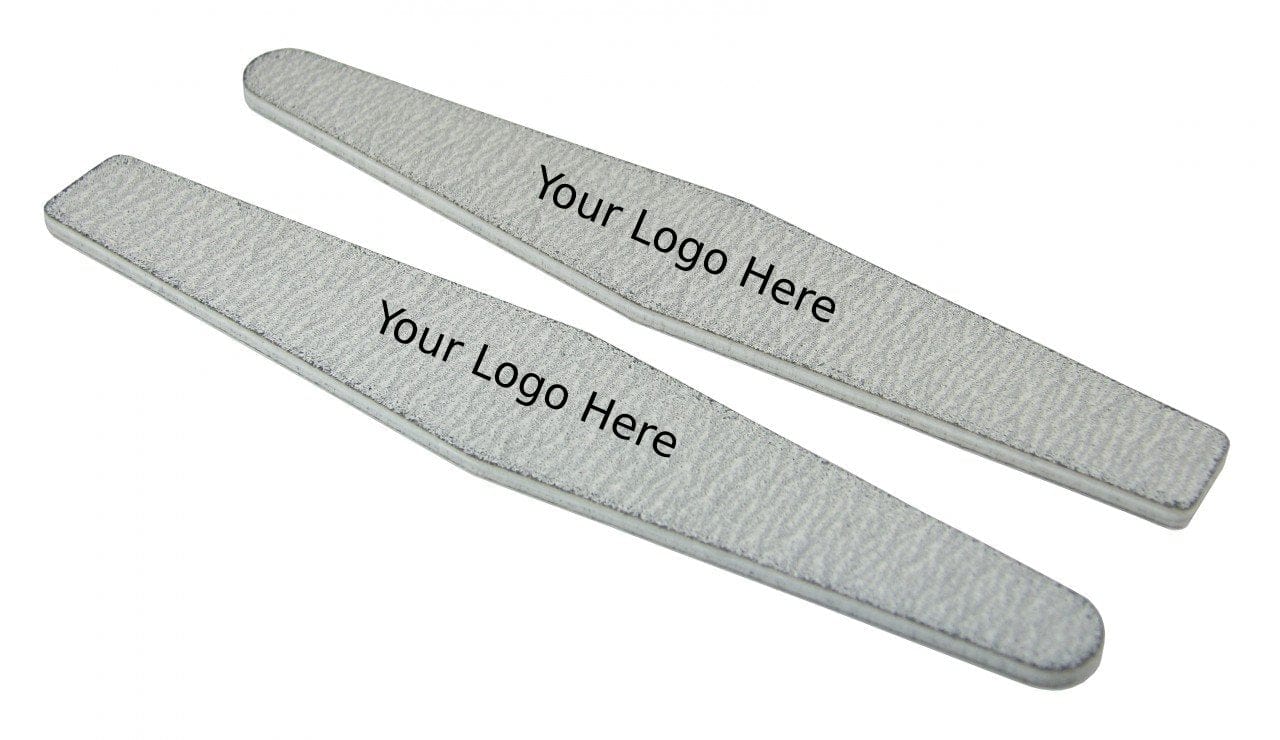 two zebra nail files, diamond shaped, with the text "your logo here" in the middle of the nail file