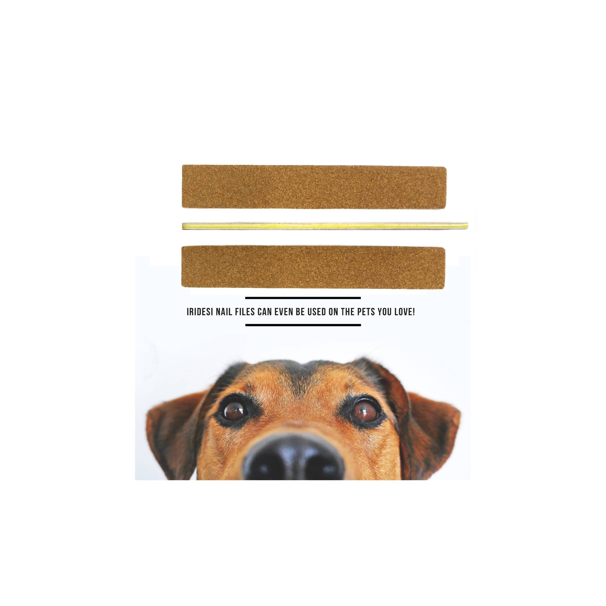 The Iridesi brown nail files with a yellow center in a horizontal position over the words, "Iridesi nail files can even be used on the pets you love!" The face of a brown dog is looking at the camera.